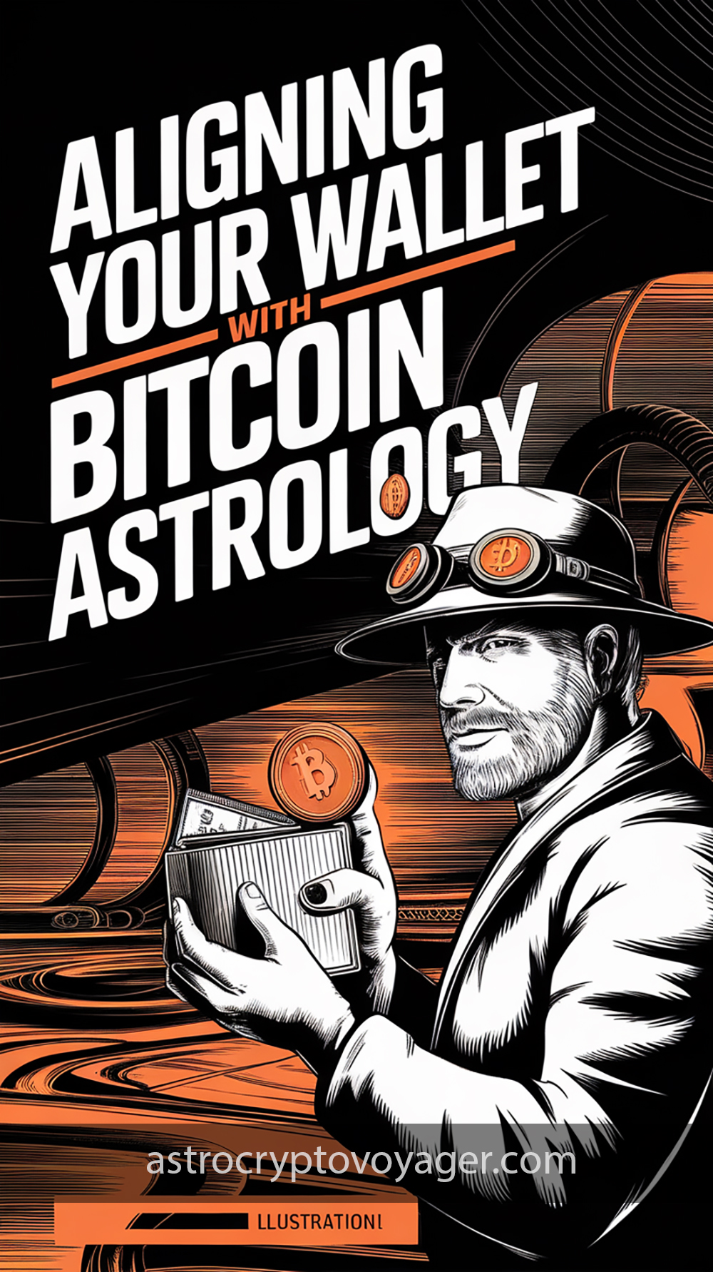 Comic book style, black and white with orange accents: Text on the image: "Aligning Your Wallet with Bitcoin Astrology"